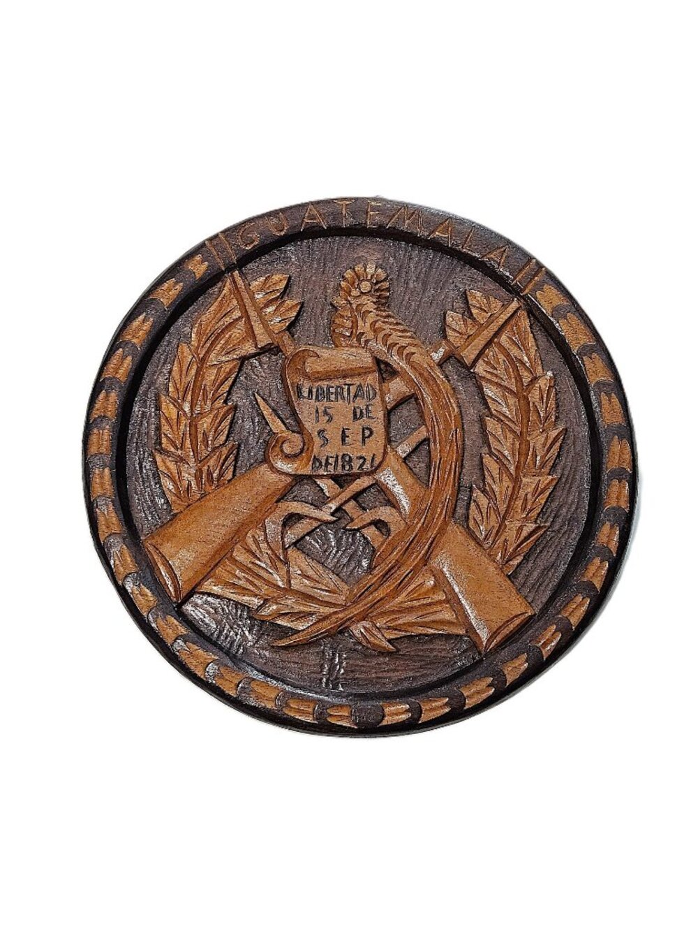 Vintage Hand-Carved Wooden Guatemala National Coat of Arms Wall Plaque – 10"